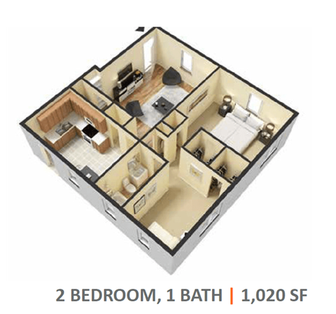 A 2 bedroom, 1 bathroom apartment with 1,020 square feet.